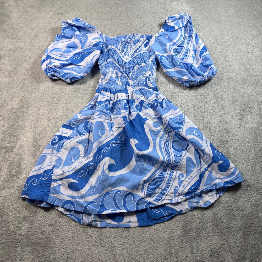 Missing Polynesia Mini Dress Women XXS Blue White Smocked Puff Sleeve Cut Out